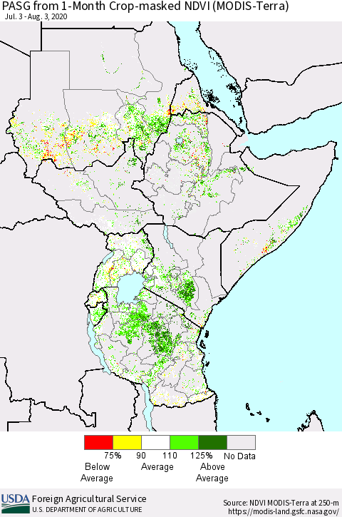 Eastern Africa PASG from 1-Month Cropland NDVI (Terra-MODIS) Thematic Map For 8/1/2020 - 8/10/2020