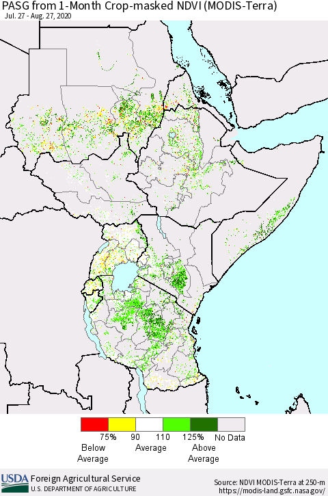 Eastern Africa PASG from 1-Month Cropland NDVI (Terra-MODIS) Thematic Map For 8/21/2020 - 8/31/2020
