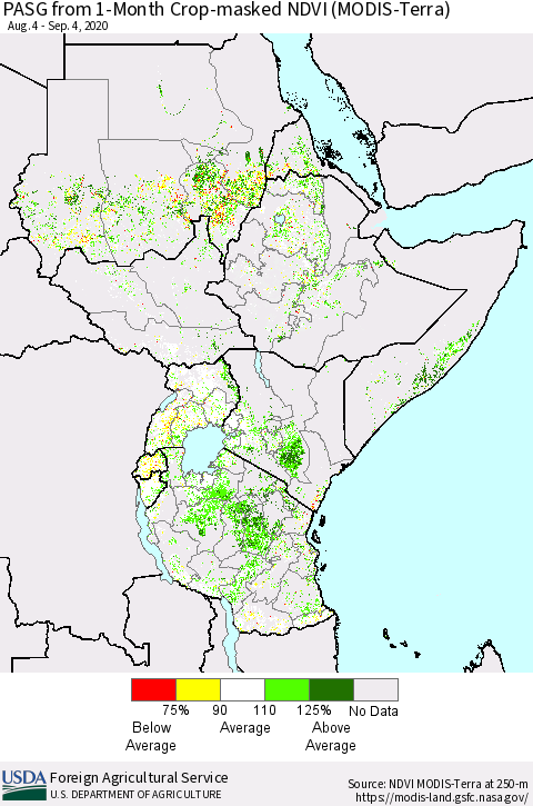 Eastern Africa PASG from 1-Month Cropland NDVI (Terra-MODIS) Thematic Map For 9/1/2020 - 9/10/2020