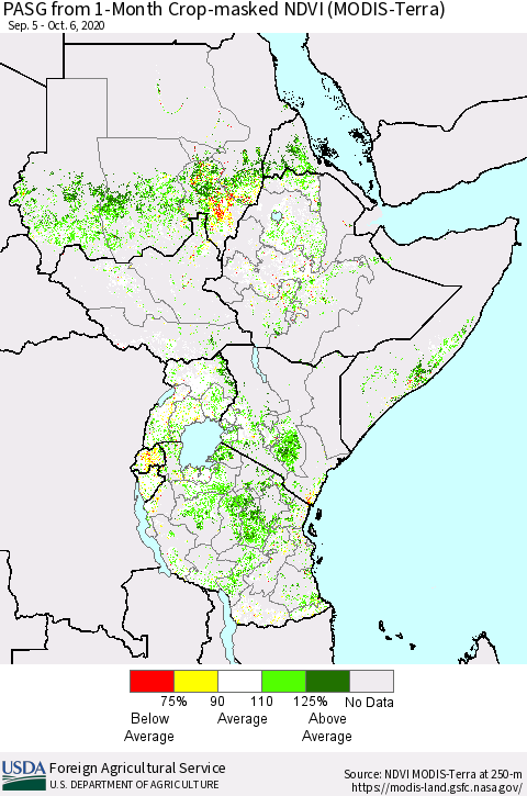 Eastern Africa PASG from 1-Month Cropland NDVI (Terra-MODIS) Thematic Map For 10/1/2020 - 10/10/2020