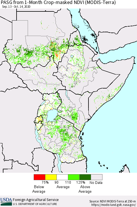 Eastern Africa PASG from 1-Month Cropland NDVI (Terra-MODIS) Thematic Map For 10/11/2020 - 10/20/2020