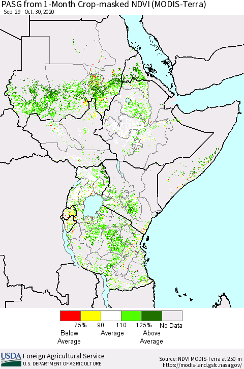 Eastern Africa PASG from 1-Month Cropland NDVI (Terra-MODIS) Thematic Map For 10/21/2020 - 10/31/2020
