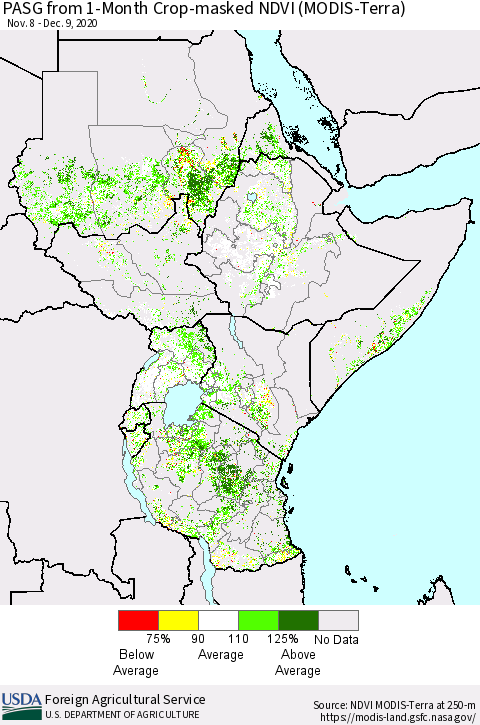 Eastern Africa PASG from 1-Month Cropland NDVI (Terra-MODIS) Thematic Map For 12/1/2020 - 12/10/2020