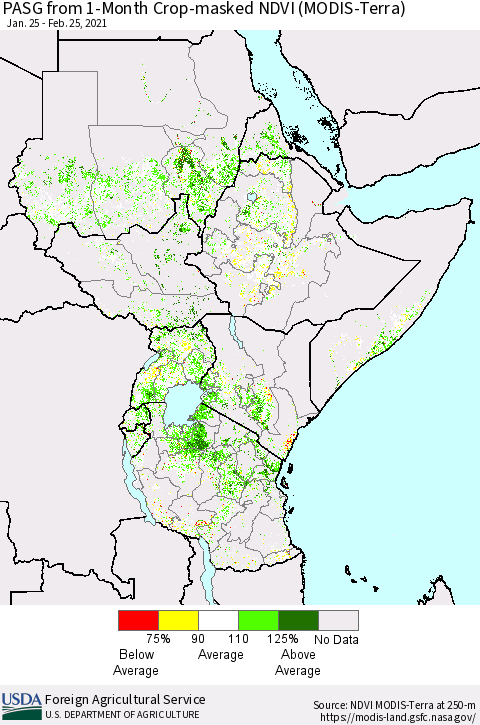 Eastern Africa PASG from 1-Month Cropland NDVI (Terra-MODIS) Thematic Map For 2/21/2021 - 2/28/2021