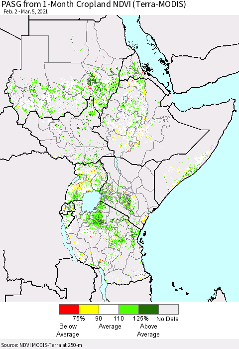 Eastern Africa PASG from 1-Month Cropland NDVI (Terra-MODIS) Thematic Map For 2/26/2021 - 3/5/2021