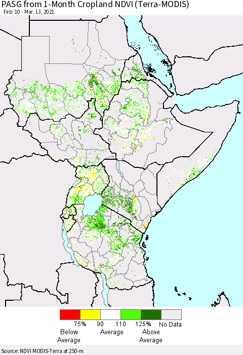 Eastern Africa PASG from 1-Month Cropland NDVI (Terra-MODIS) Thematic Map For 3/6/2021 - 3/13/2021