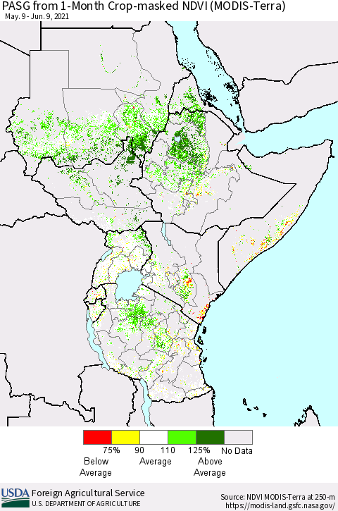 Eastern Africa PASG from 1-Month Cropland NDVI (Terra-MODIS) Thematic Map For 6/1/2021 - 6/10/2021