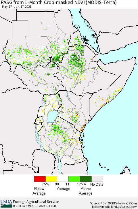 Eastern Africa PASG from 1-Month Cropland NDVI (Terra-MODIS) Thematic Map For 6/11/2021 - 6/20/2021