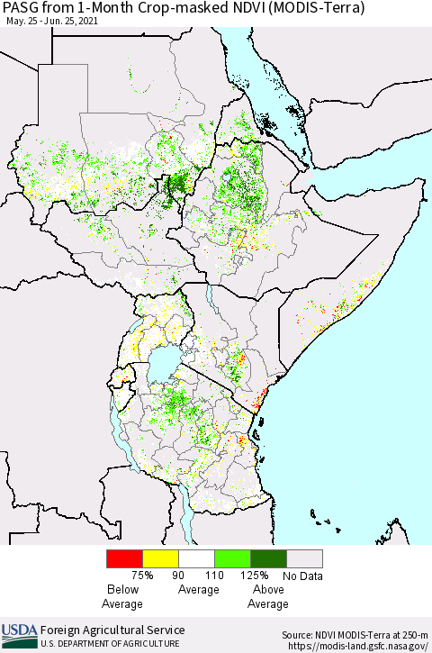 Eastern Africa PASG from 1-Month Cropland NDVI (Terra-MODIS) Thematic Map For 6/21/2021 - 6/30/2021