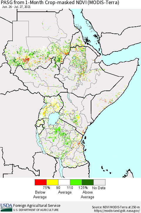Eastern Africa PASG from 1-Month Cropland NDVI (Terra-MODIS) Thematic Map For 7/21/2021 - 7/31/2021