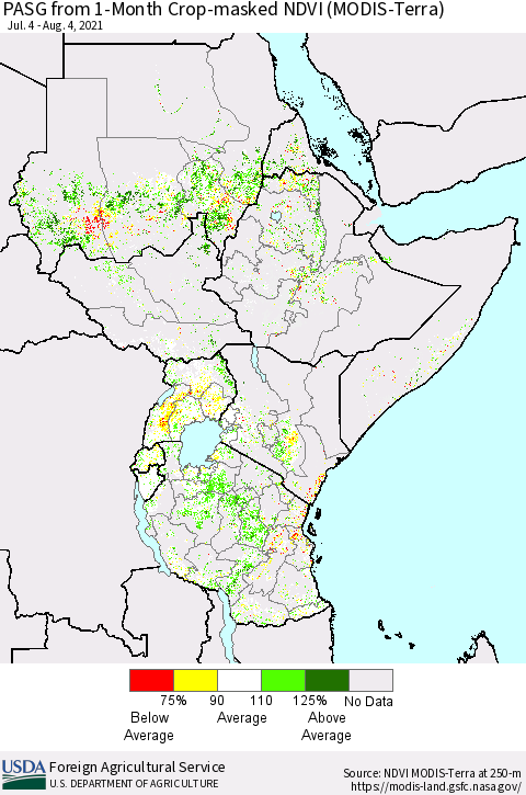 Eastern Africa PASG from 1-Month Cropland NDVI (Terra-MODIS) Thematic Map For 8/1/2021 - 8/10/2021