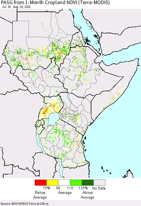 Eastern Africa PASG from 1-Month Cropland NDVI (Terra-MODIS) Thematic Map For 8/11/2021 - 8/20/2021