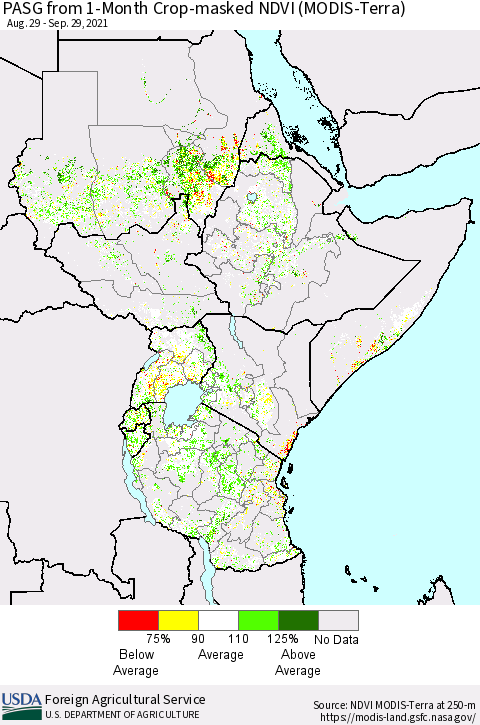 Eastern Africa PASG from 1-Month Cropland NDVI (Terra-MODIS) Thematic Map For 9/21/2021 - 9/30/2021