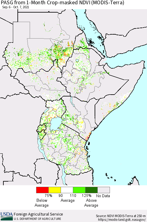 Eastern Africa PASG from 1-Month Crop-masked NDVI (MODIS-Terra) Thematic Map For 10/1/2021 - 10/10/2021