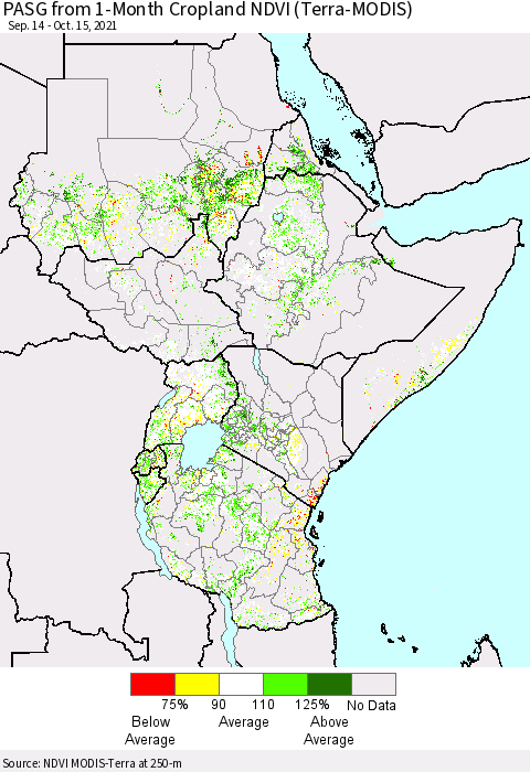 Eastern Africa PASG from 1-Month Cropland NDVI (Terra-MODIS) Thematic Map For 10/8/2021 - 10/15/2021