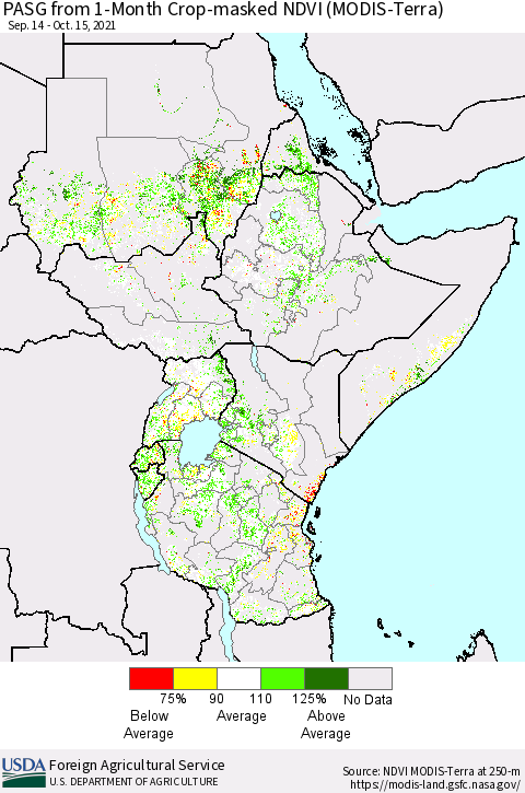 Eastern Africa PASG from 1-Month Crop-masked NDVI (MODIS-Terra) Thematic Map For 10/11/2021 - 10/20/2021