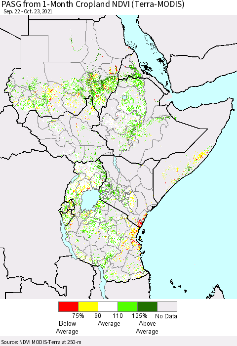 Eastern Africa PASG from 1-Month Cropland NDVI (Terra-MODIS) Thematic Map For 10/16/2021 - 10/23/2021