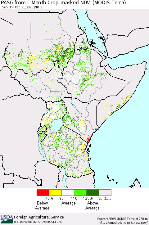 Eastern Africa PASG from 1-Month Crop-masked NDVI (MODIS-Terra) Thematic Map For 10/21/2021 - 10/31/2021