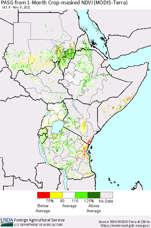Eastern Africa PASG from 1-Month Crop-masked NDVI (MODIS-Terra) Thematic Map For 11/1/2021 - 11/10/2021