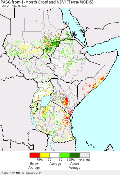 Eastern Africa PASG from 1-Month Cropland NDVI (Terra-MODIS) Thematic Map For 11/17/2021 - 11/24/2021