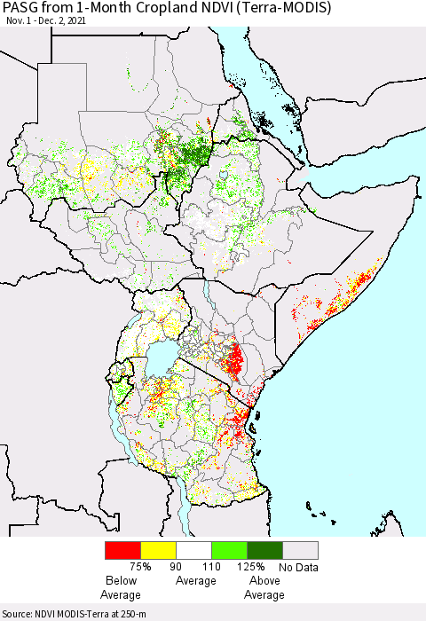 Eastern Africa PASG from 1-Month Cropland NDVI (Terra-MODIS) Thematic Map For 11/25/2021 - 12/2/2021