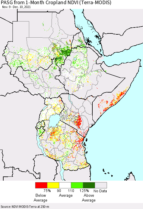 Eastern Africa PASG from 1-Month Crop-masked NDVI (MODIS-Terra) Thematic Map For 12/1/2021 - 12/10/2021