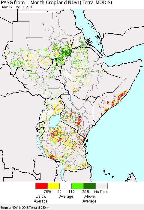 Eastern Africa PASG from 1-Month Cropland NDVI (Terra-MODIS) Thematic Map For 12/11/2021 - 12/18/2021
