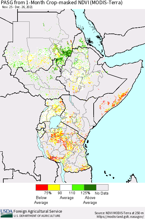 Eastern Africa PASG from 1-Month Cropland NDVI (Terra-MODIS) Thematic Map For 12/21/2021 - 12/31/2021