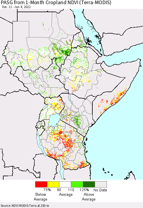 Eastern Africa PASG from 1-Month Cropland NDVI (Terra-MODIS) Thematic Map For 1/1/2022 - 1/8/2022