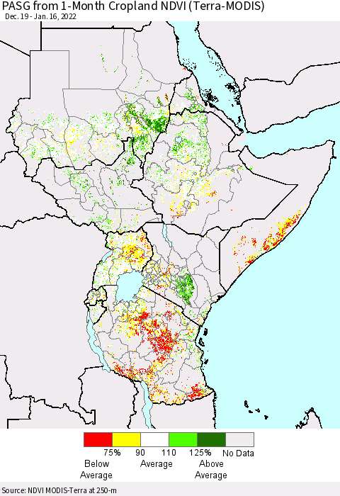 Eastern Africa PASG from 1-Month Cropland NDVI (Terra-MODIS) Thematic Map For 1/9/2022 - 1/16/2022