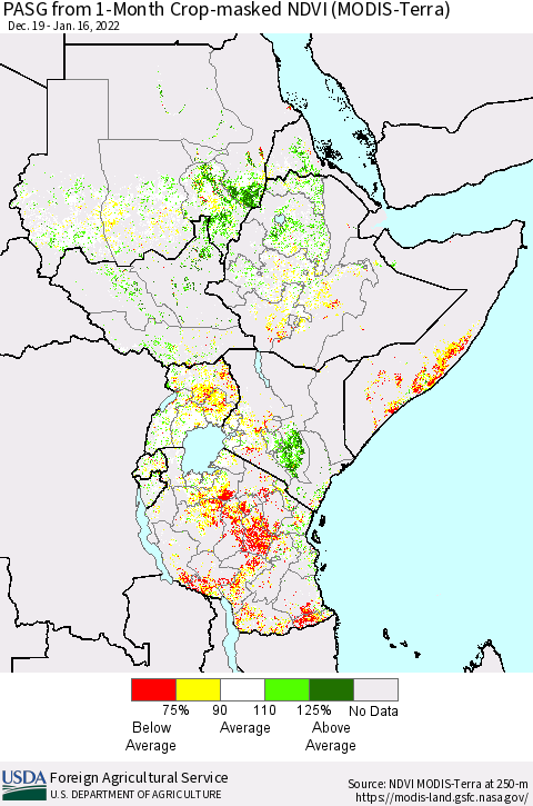 Eastern Africa PASG from 1-Month Crop-masked NDVI (MODIS-Terra) Thematic Map For 1/11/2022 - 1/20/2022