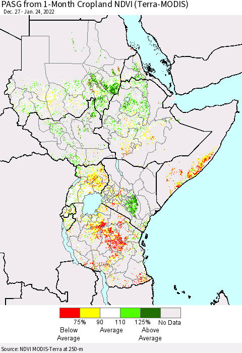 Eastern Africa PASG from 1-Month Cropland NDVI (Terra-MODIS) Thematic Map For 1/17/2022 - 1/24/2022