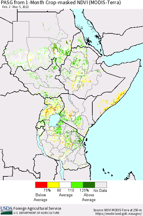 Eastern Africa PASG from 1-Month Cropland NDVI (Terra-MODIS) Thematic Map For 3/1/2022 - 3/10/2022