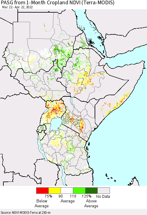 Eastern Africa PASG from 1-Month Cropland NDVI (Terra-MODIS) Thematic Map For 4/15/2022 - 4/22/2022