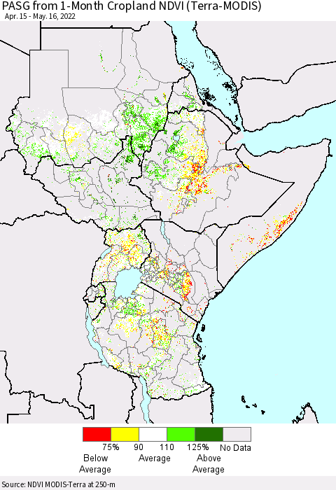 Eastern Africa PASG from 1-Month Cropland NDVI (Terra-MODIS) Thematic Map For 5/9/2022 - 5/16/2022