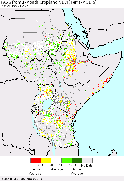 Eastern Africa PASG from 1-Month Cropland NDVI (Terra-MODIS) Thematic Map For 5/17/2022 - 5/24/2022