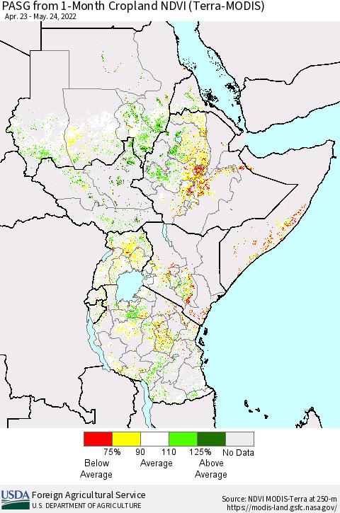 Eastern Africa PASG from 1-Month Cropland NDVI (Terra-MODIS) Thematic Map For 5/21/2022 - 5/31/2022