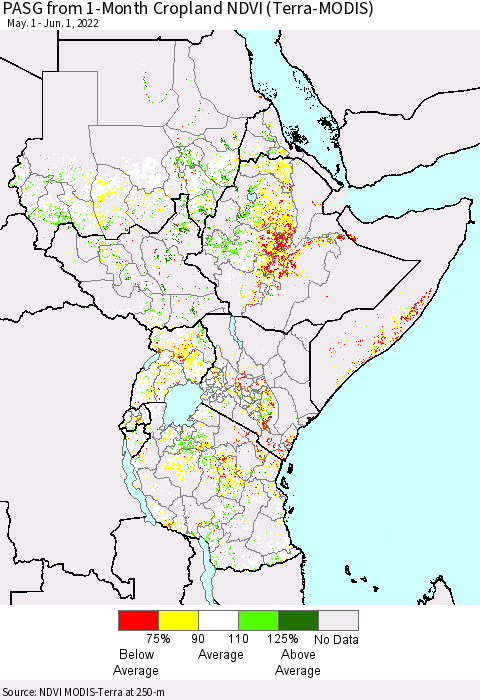 Eastern Africa PASG from 1-Month Cropland NDVI (Terra-MODIS) Thematic Map For 5/25/2022 - 6/1/2022