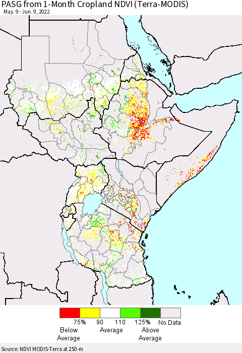 Eastern Africa PASG from 1-Month Cropland NDVI (Terra-MODIS) Thematic Map For 6/2/2022 - 6/9/2022