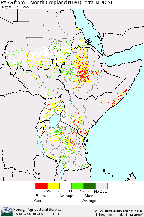 Eastern Africa PASG from 1-Month Cropland NDVI (Terra-MODIS) Thematic Map For 6/1/2022 - 6/10/2022