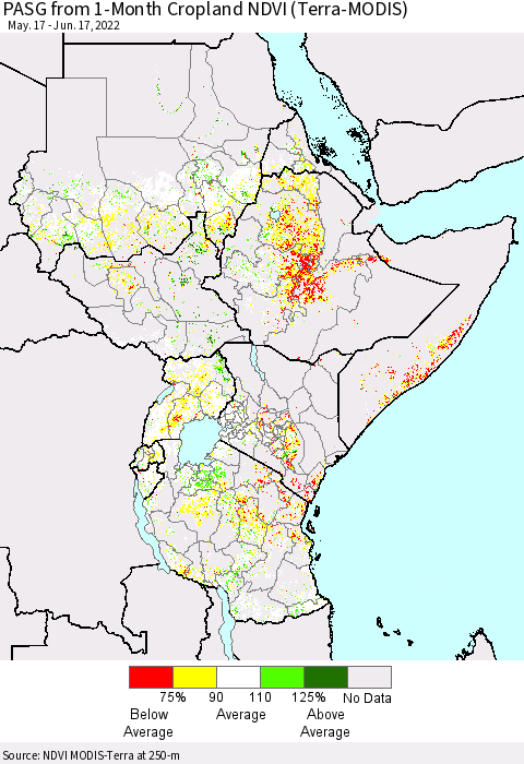 Eastern Africa PASG from 1-Month Cropland NDVI (Terra-MODIS) Thematic Map For 6/10/2022 - 6/17/2022