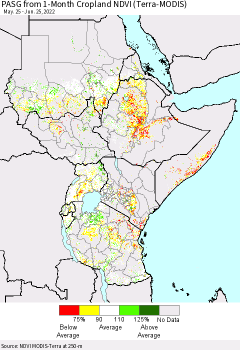 Eastern Africa PASG from 1-Month Cropland NDVI (Terra-MODIS) Thematic Map For 6/18/2022 - 6/25/2022