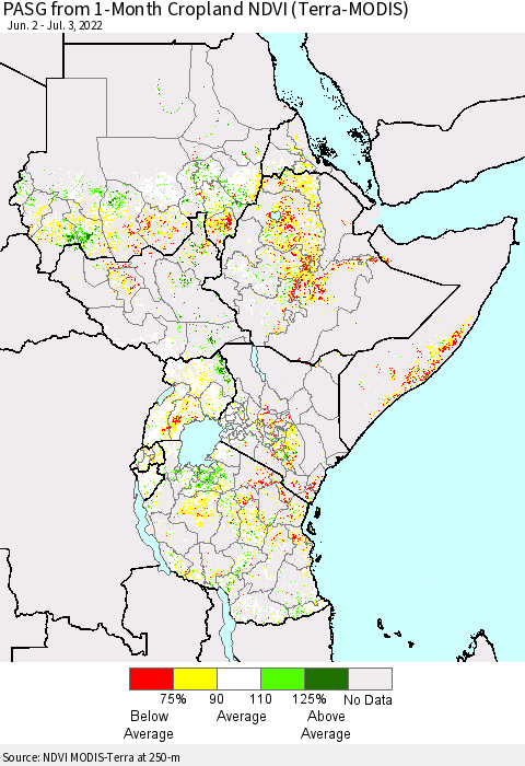 Eastern Africa PASG from 1-Month Cropland NDVI (Terra-MODIS) Thematic Map For 6/26/2022 - 7/3/2022