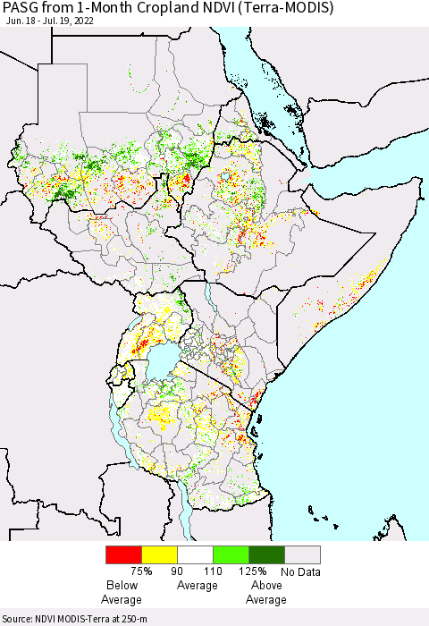 Eastern Africa PASG from 1-Month Cropland NDVI (Terra-MODIS) Thematic Map For 7/12/2022 - 7/19/2022