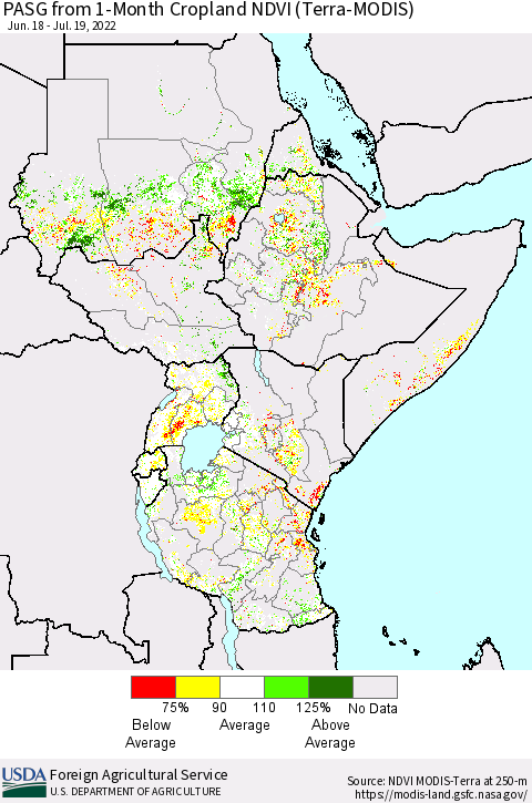 Eastern Africa PASG from 1-Month Cropland NDVI (Terra-MODIS) Thematic Map For 7/11/2022 - 7/20/2022
