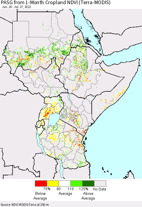 Eastern Africa PASG from 1-Month Cropland NDVI (Terra-MODIS) Thematic Map For 7/20/2022 - 7/27/2022