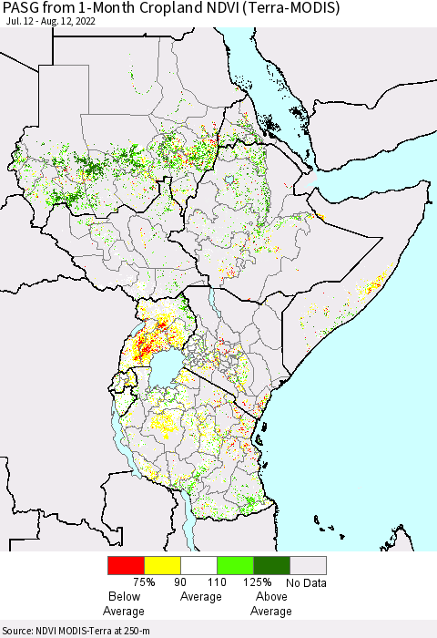 Eastern Africa PASG from 1-Month Cropland NDVI (Terra-MODIS) Thematic Map For 8/5/2022 - 8/12/2022