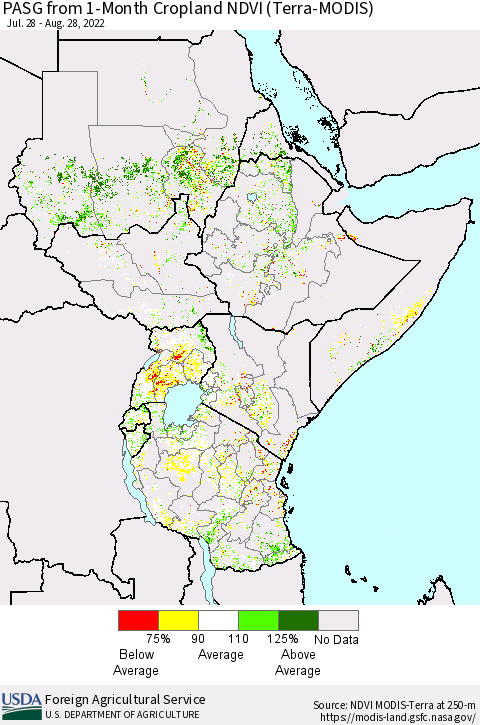 Eastern Africa PASG from 1-Month Cropland NDVI (Terra-MODIS) Thematic Map For 8/21/2022 - 8/31/2022