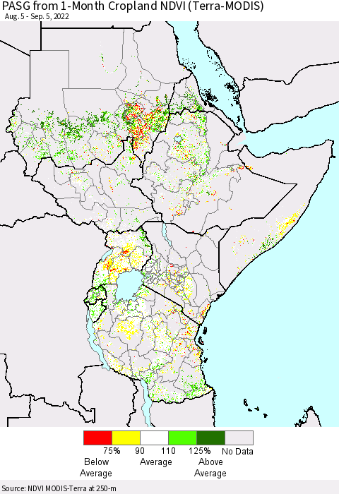 Eastern Africa PASG from 1-Month Cropland NDVI (Terra-MODIS) Thematic Map For 8/29/2022 - 9/5/2022