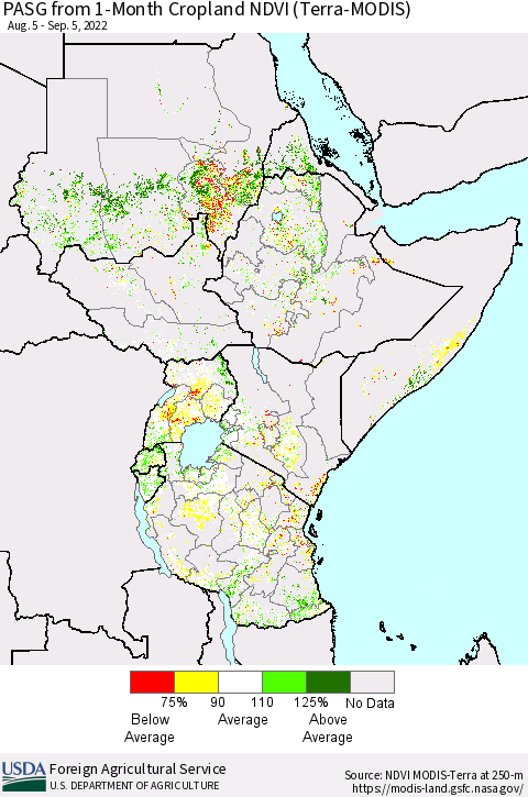 Eastern Africa PASG from 1-Month Cropland NDVI (Terra-MODIS) Thematic Map For 9/1/2022 - 9/10/2022